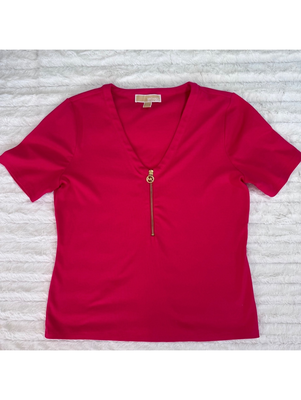 Michael Kors Women's Pink V-Neck Short Sleeve with Gold Signature Zipper, Size L